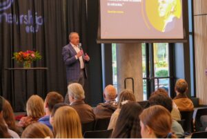 Doug Sesserman speaks at E@DU's "Innovation in Israel" event. (Photo by Kevin Douglas)